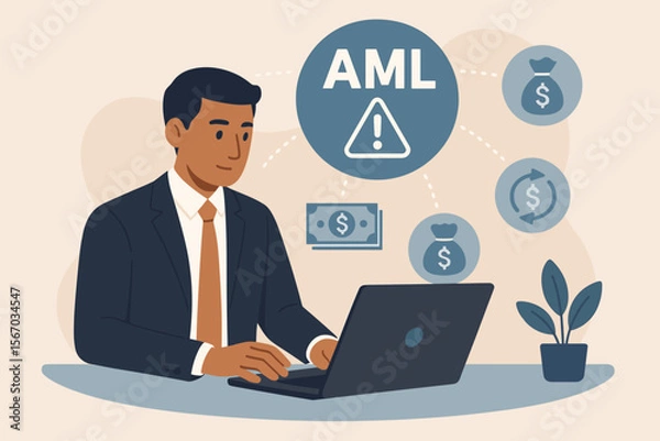 Obraz Anti-money laundering AML financial bank concept. Businessman use laptop with virtual icon for anti money laundering regulations. Financial crime prevention and compliance technology.