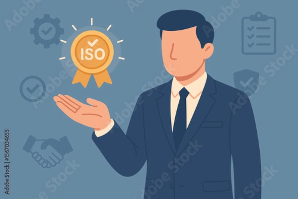 Fototapeta ISO certification and quality assurance standards control concept. Businessman with quality guarantee medal. Business management system for audit, process improvement, and compliance.
