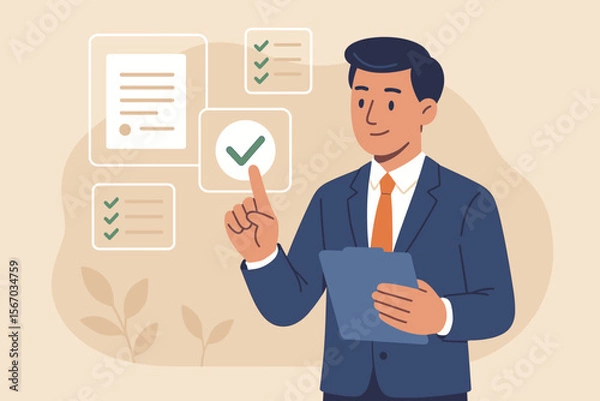 Fototapeta Document management concept. Businessman approves project on virtual screen. Business performance checklist, evaluation and digital transformation. Man checking workflow tasks.