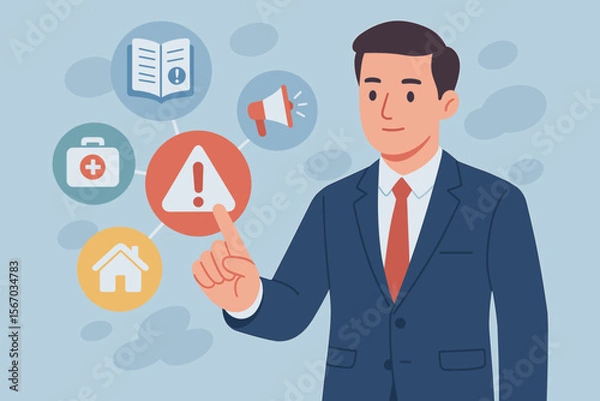 Fototapeta Emergency preparedness plan concept. Businessman touching virtual screen with warning icon for safety strategy, risk management, business continuity, and disaster response plan.