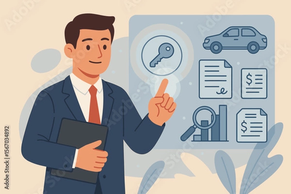 Fototapeta Leasing Business Concept, Businessman Presenting Leasing Icon, Contract Management, Asset Leasing Options, Financial Agreement Analysis, Car Lease, Document Review, Finance, Key, Business Analysis