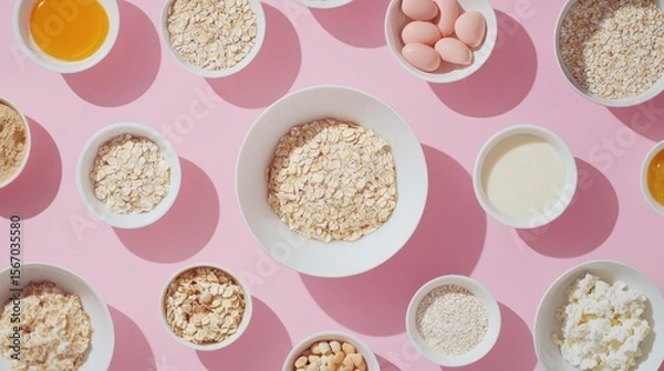 Fototapeta An overhead inspired depiction of shot of a breakfast table featuring various oat dishes. Pink background,