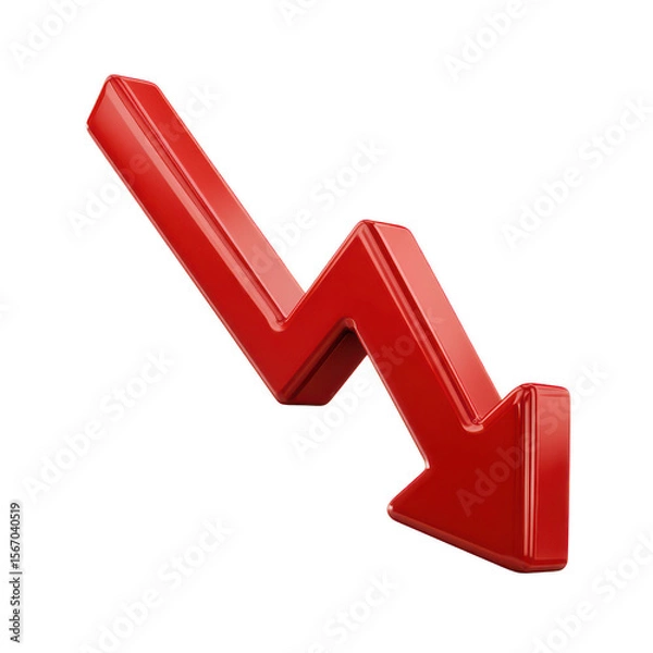 Fototapeta Shiny red 3d arrow showing downward trend isolated on transparent background