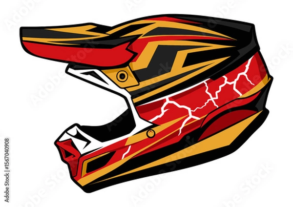 Fototapeta Red and Gold Motocross Helmet Design Fierce Lightning Graphics for Extreme Sports