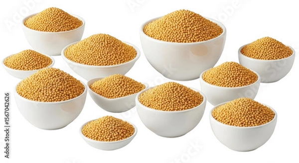 Obraz Various Bowls Filled with Golden Mustard Seeds for Culinary Uses, isolated on a transparent background