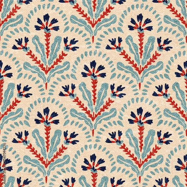 Fototapeta Vintage folk seamless pattern. Embroidery style floral branches. Repeat textile background. Vector illustration.