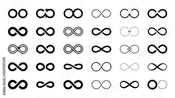 Fototapeta “Infinity Symbols Collection – Black Vector Logos for Mathematical, Branding & Logo Design, Featuring Classic and Artistic Infinity Styles in Clean Outline and Bold Fill Variations” 