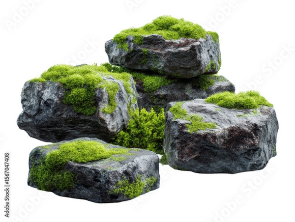 Fototapeta Moss-covered rocks natural landscape nature view isolated on transparent background