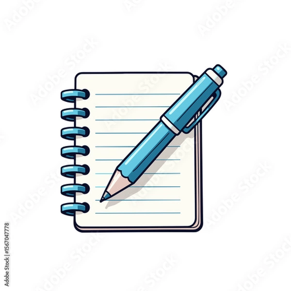 Fototapeta Spiral notebook with a blue pen on a clean background
