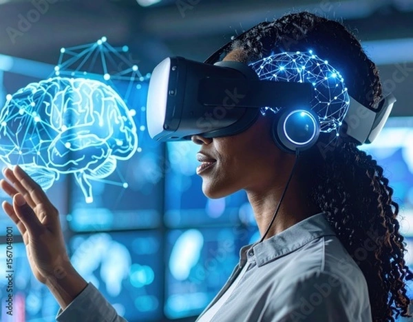 Fototapeta Exploring virtual reality technology with headgear while analyzing brain connections in a high-tech environment