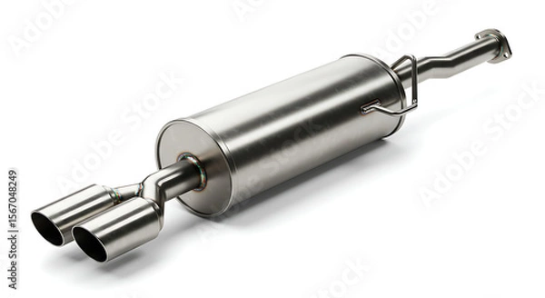 Fototapeta A high-quality studio shot of a new performance car exhaust muffler, isolated on a clean white background.