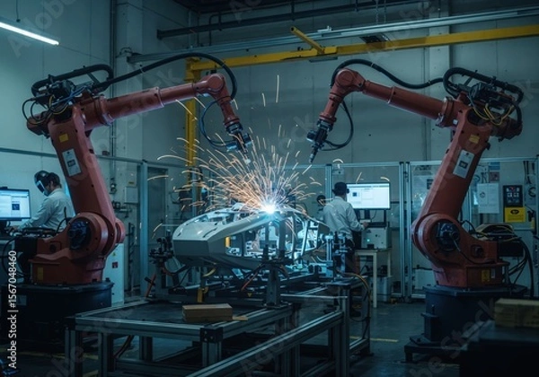Fototapeta Robotic arms performing welding in a high-tech automotive manufacturing facility at night