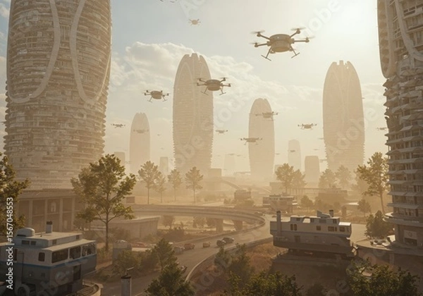 Fototapeta Futuristic cityscape with drones and modern architecture during sunset