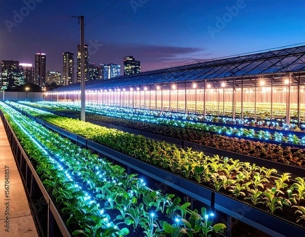 Fototapeta Innovative urban farm utilizing LED lighting for sustainable agriculture in a city setting during twilight hours