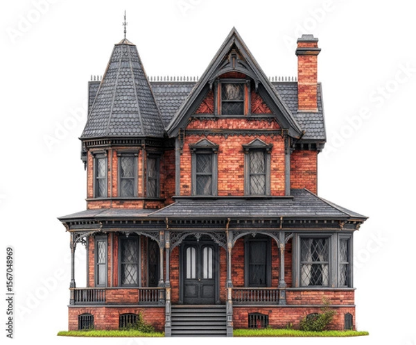 Fototapeta Victorian house architecture historic district digital urban scene isolated on transparent background