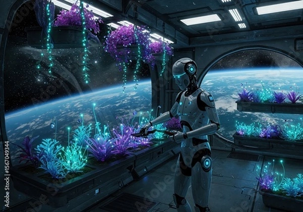Fototapeta Robot tending to vibrant extraterrestrial plants in a futuristic space station with a stunning view of Earth