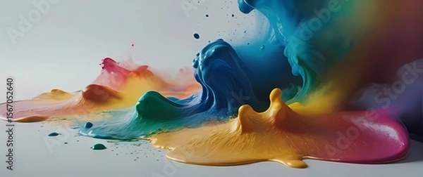 Fototapeta Close up of rainbow colored paint splashes on white textured canvas in dynamic motion