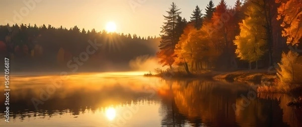Fototapeta Golden hour sunlight reflecting on calm lake surrounded by autumn trees in vivid colors