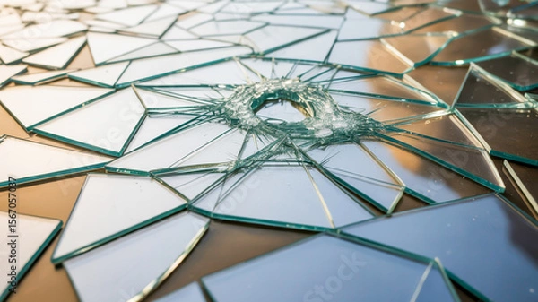 Fototapeta A close-up macro photograph of shattered glass fragments creating a geometric pattern. 