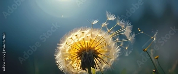 Fototapeta Macro image of bright yellow dandelion seeds ready to fly in soft sunlight background