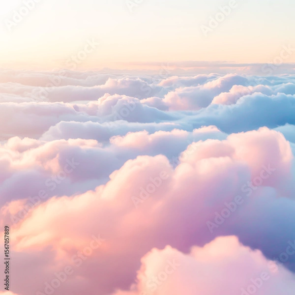 Fototapeta A dreamy, ethereal photograph of pastel-colored clouds in a soft, gradient sky. The clouds are layered, with a bottom layer of pure white clouds and an upper layer of pink and peach-colored clouds.