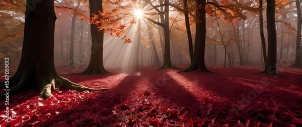 Fototapeta Rustic autumn forest floor covered in deep red oak leaves with soft filtered sunlight rays