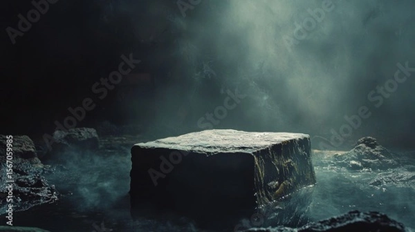 Fototapeta Mysterious smoky environment with floating package on dark rocky surface for fantasy dramatic mystery concept photo