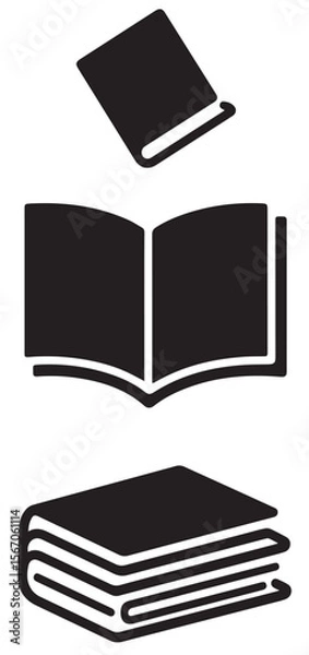 Obraz A black and white vector image depicts three book icons: a single closed book, an open book, and a stack of three closed books.