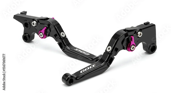 Fototapeta A pair of high-performance aftermarket motorcycle levers, featuring a sleek black anodized finish on CNC-machined aluminum.