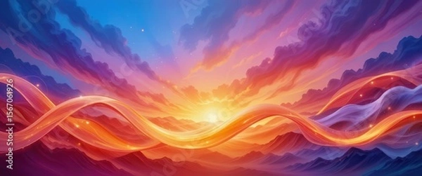 Obraz Colorful sunset over mountains with flowing ribbons of light and vibrant clouds