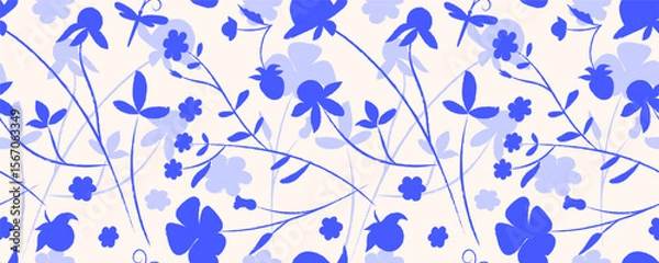 Fototapeta Seamless floral pattern with blue silhouettes of wildflowers, leaves, berries and dragonflies on a light beige background. Delicate hand drawn botanical design for textiles, print, wrapping, and decor
