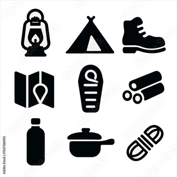 Obraz Camping Essentials Icons. Solid, filled icon set of camping essentials: lantern, tent, hiking boot, map, sleeping bag, firewood,