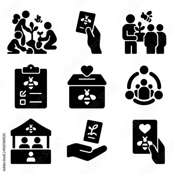 Fototapeta Community Bee Icon Set. Solid, filled icons set of community bee conservation events: group planting, flyer