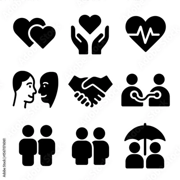 Fototapeta Emotional Connection Icons. Solid, filled icon set of emotional connection: two hearts, bonding icon, empathy hands, shared