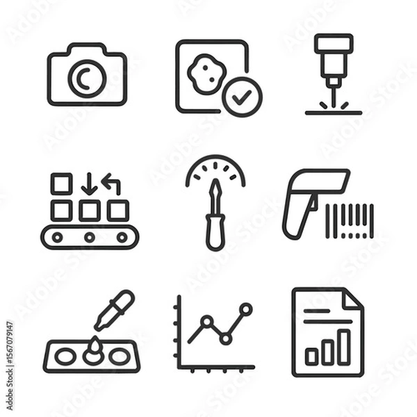 Fototapeta Automated Quality Control Icons. Outline icon set of automated quality control: camera inspection, defect detection, laser