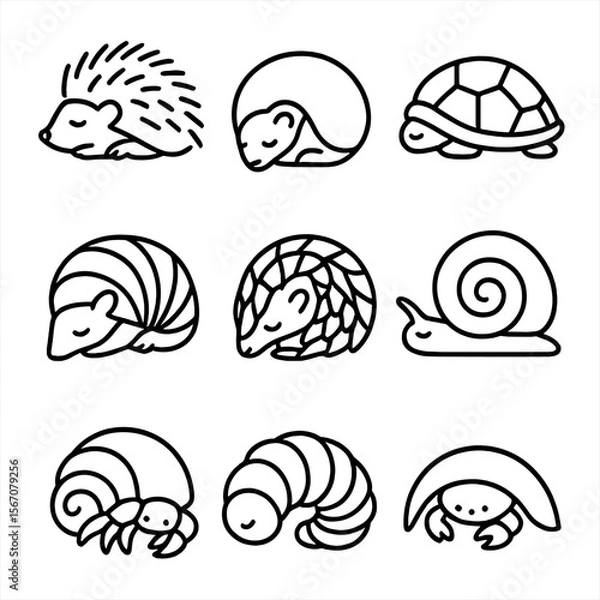 Fototapeta Protective Sleep Icons. Outline icon set of protective sleep positions: porcupine curl, hedgehog ball, turtle shell retreat,