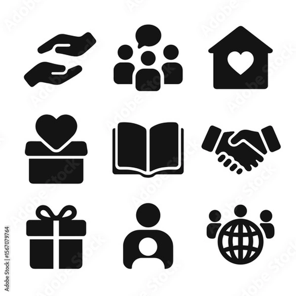 Fototapeta Volunteer Icon Set. Solid, filled icon set of Volunteer and community support: helping hands, group discussion, community center,