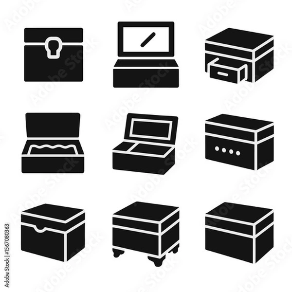 Fototapeta Wooden Box Icons. Solid, filled icon set of wooden box features: lock mechanism, mirror lid, sliding drawer, soft padding,