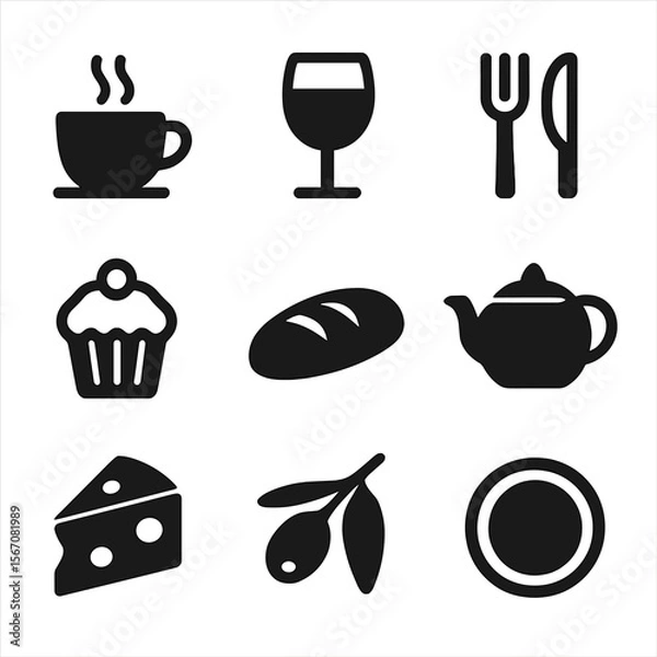 Fototapeta Food and Drink Icons. Solid, filled icon set of black and white food and drink: coffee cup, wine glass, fork and knife, cupcake,