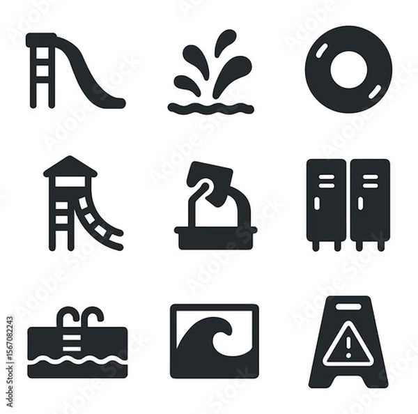 Fototapeta Water Park Icons. Solid, filled icons set of water park: slide, splash icon, float tube, tower, water bucket,