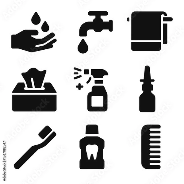 Fototapeta Hygiene Icon Set. Solid, filled icon set of hygiene practices: washing hands, clean water, towel, tissue paper, disinfectant spray