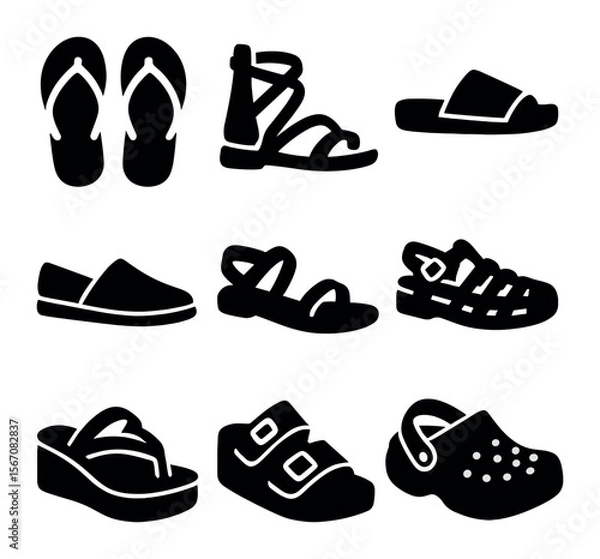 Fototapeta Sandal Icons Collection. Solid, filled icons set of flip-flops and sandals: basic flip-flops, strappy sandals,