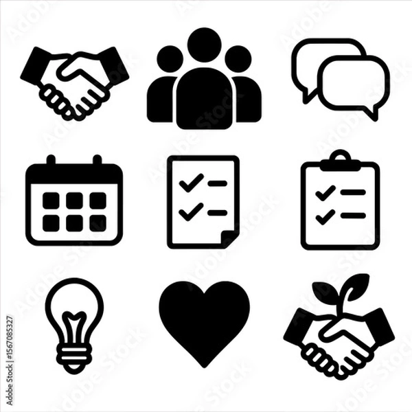 Fototapeta Garden Collaboration Icons. Solid, filled icon set of garden project collaboration: handshake, group of people, speech bubbles,