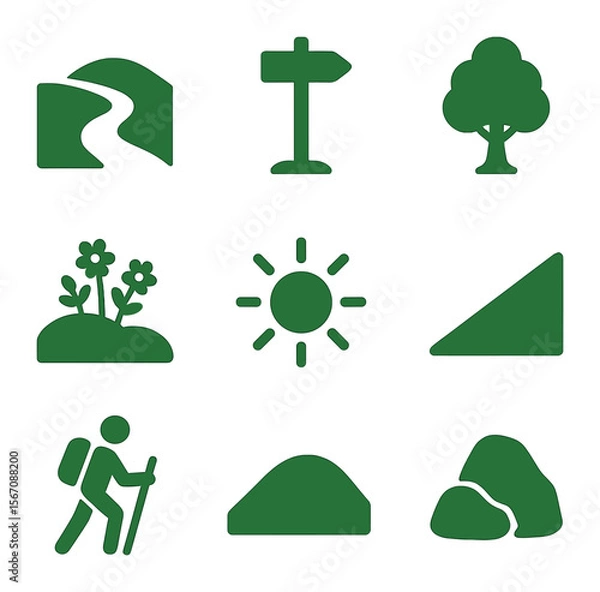 Fototapeta Green Hills Icons. Solid, filled icons set of green hills and trails: walking path, trail marker, tree icon,