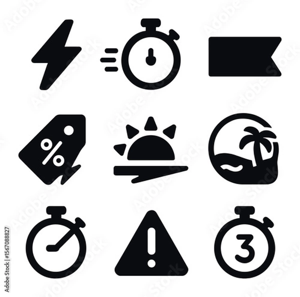 Fototapeta Flash Sale Icon Set. Solid, filled icons set of flash summer deals: lightning bolt, fast timer, sale banner,