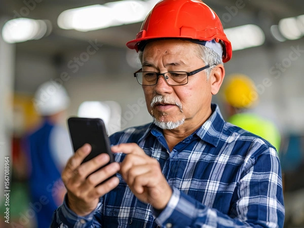 Fototapeta Construction worker in safety gear speaking on the phone at a job site, coordinating tasks amidst an active work zone