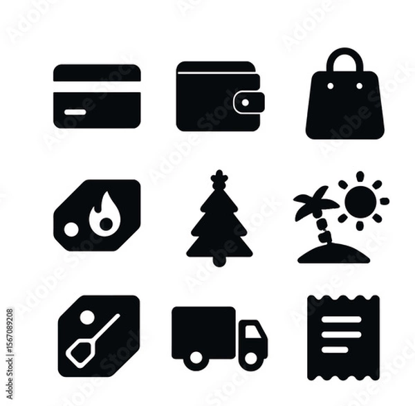 Fototapeta Holiday Shopping Icons. Solid, filled icons set of shopping holiday campaigns: credit card, wallet, bag, hot