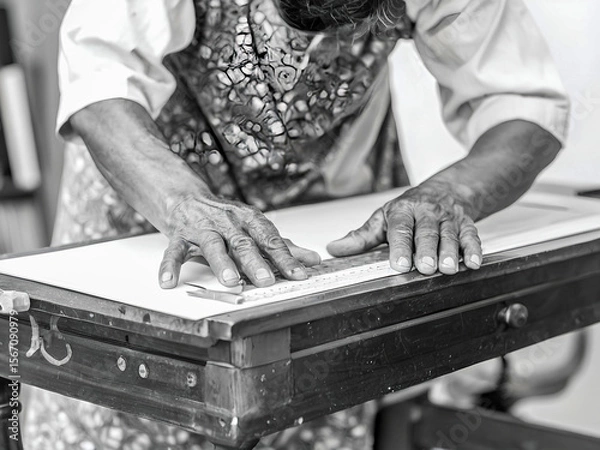 Fototapeta An elderly artisan carefully lifts a wooden frame from a vat of pulp, skillfully crafting handmade paper using time-honored techniques