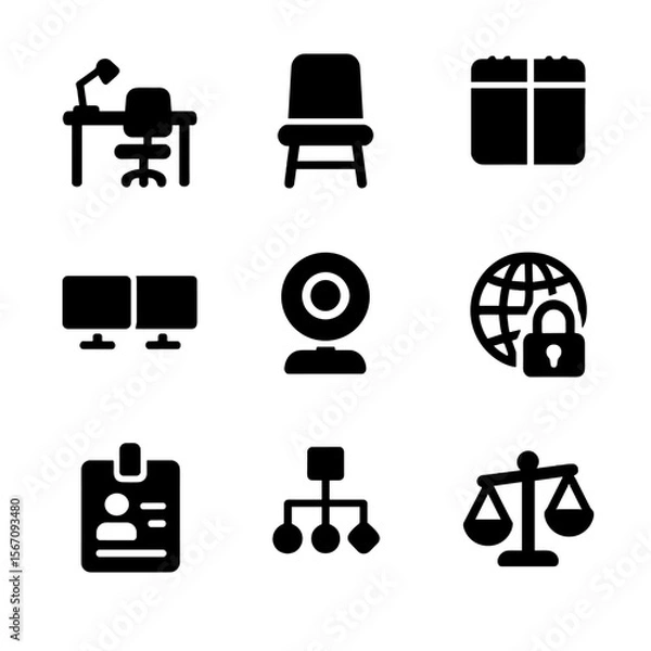Fototapeta Hybrid Work Icons. Solid, filled icons set of hybrid work environments: office desk, home chair, schedule