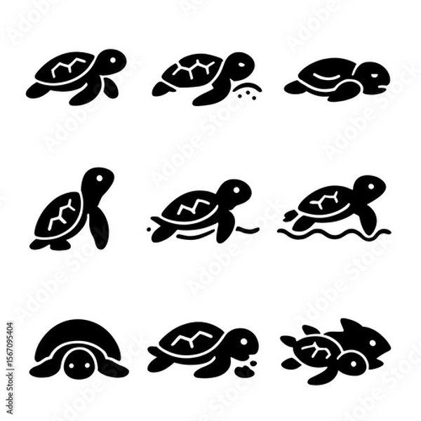 Fototapeta Turtle Hatchling Behaviors. Solid, filled icon set of turtle hatchling behaviors: crawling, digging, resting, looking around,